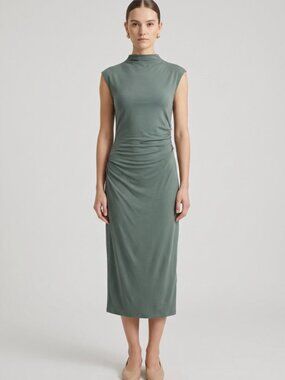 Sage Green Mock Neck Ruched Sleeveless Midi Dress